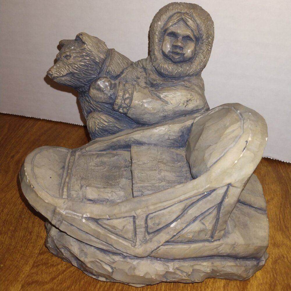 Vintage Signed G 85 Soapstone Alaska Inuit Man With Dog & Sled Sculpture
